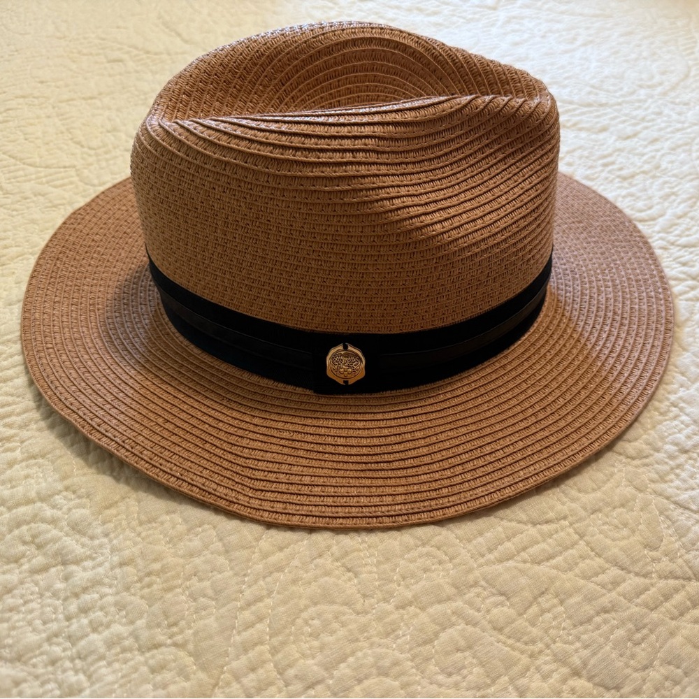 Vince Camuto Tan Straw Fedora with Black Band
